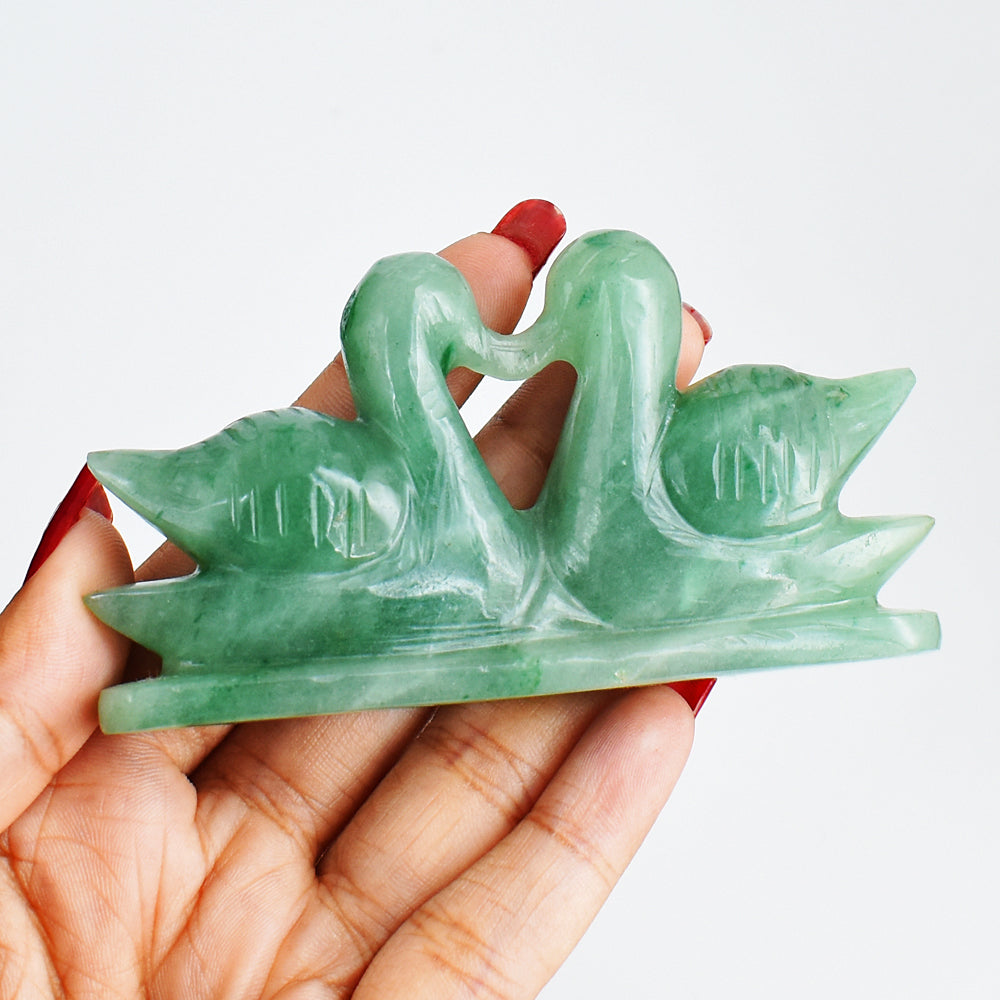 Amazing 473.00  Cts  Genuine Green Aventurine Hand Carved Crystal Swan Pair Gemstone Carving