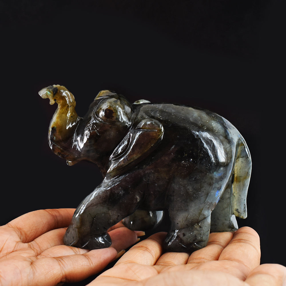 Genuine 2320.00 Cts Golden & Blue Flash Labradorite Hand Carved Gemstone Carving Elephant