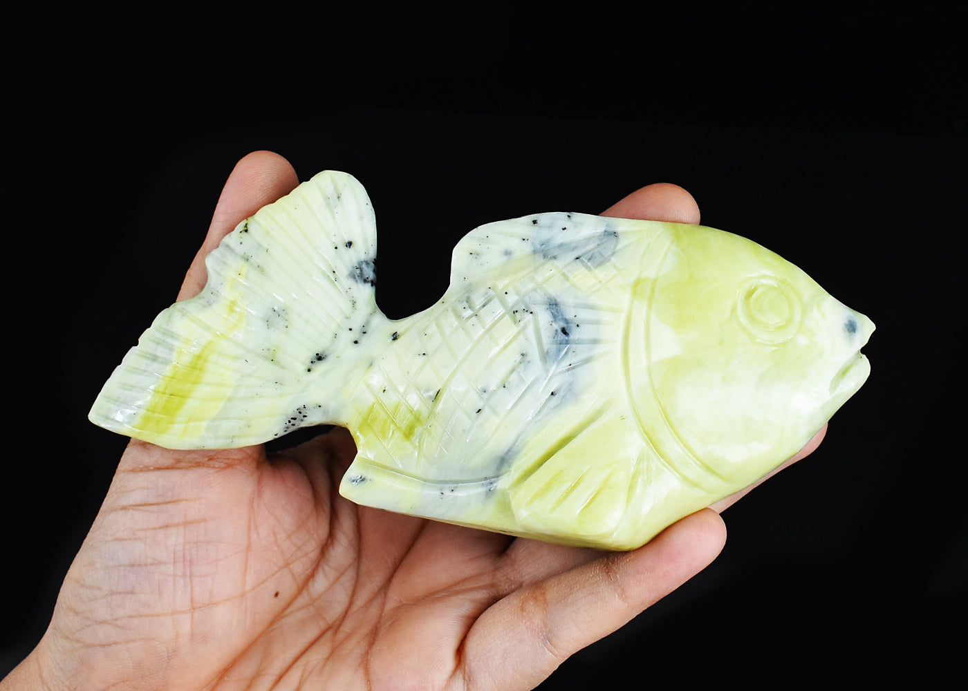 Amazing  1284.00  Carats  Genuine Green Opal Hand Carved Crystal Gemstone Fish Carving