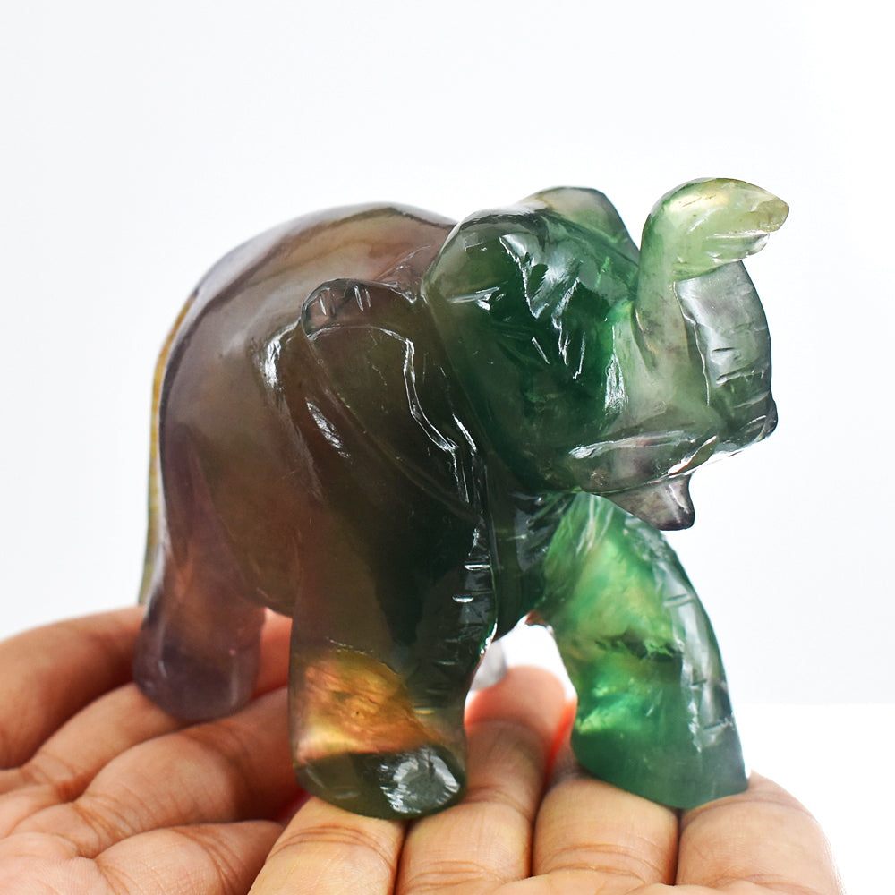 Genuine 1744.00 Cts Multicolor  Fluorite Hand Carved Crystal Gemstone Carving Elephant