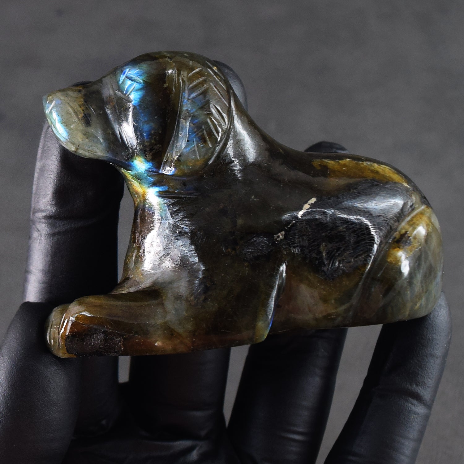 Impressive 828.00 Cts Genuine Blue Flash Labradorite Hand Carved Premium Dog