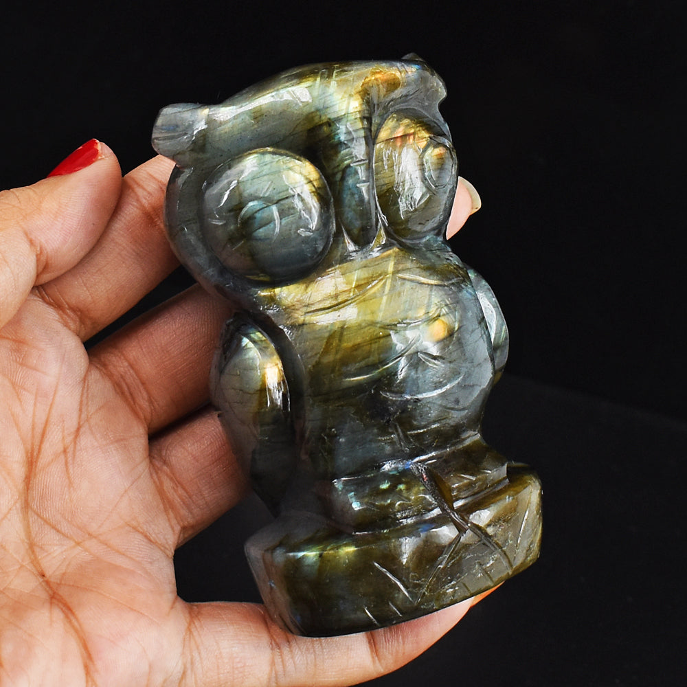 Beautiful 1270.00 Cts  Amazing Flash Labradorite Hand Carved Genuine Crystal Gemstone Owl Carving