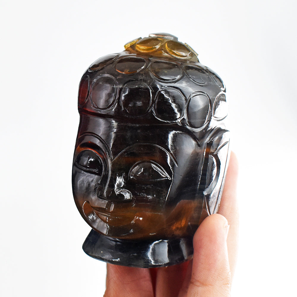 Genuine 1536.00 Carats Multicolor Fluorite Hand Carved Crystal Buddha Head Gemstone Carving