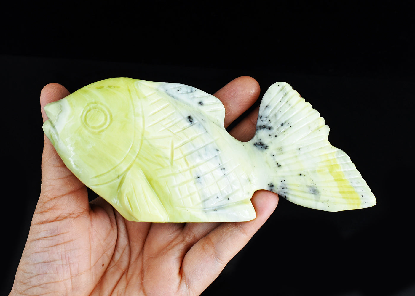 Amazing  1284.00  Carats  Genuine Green Opal Hand Carved Crystal Gemstone Fish Carving