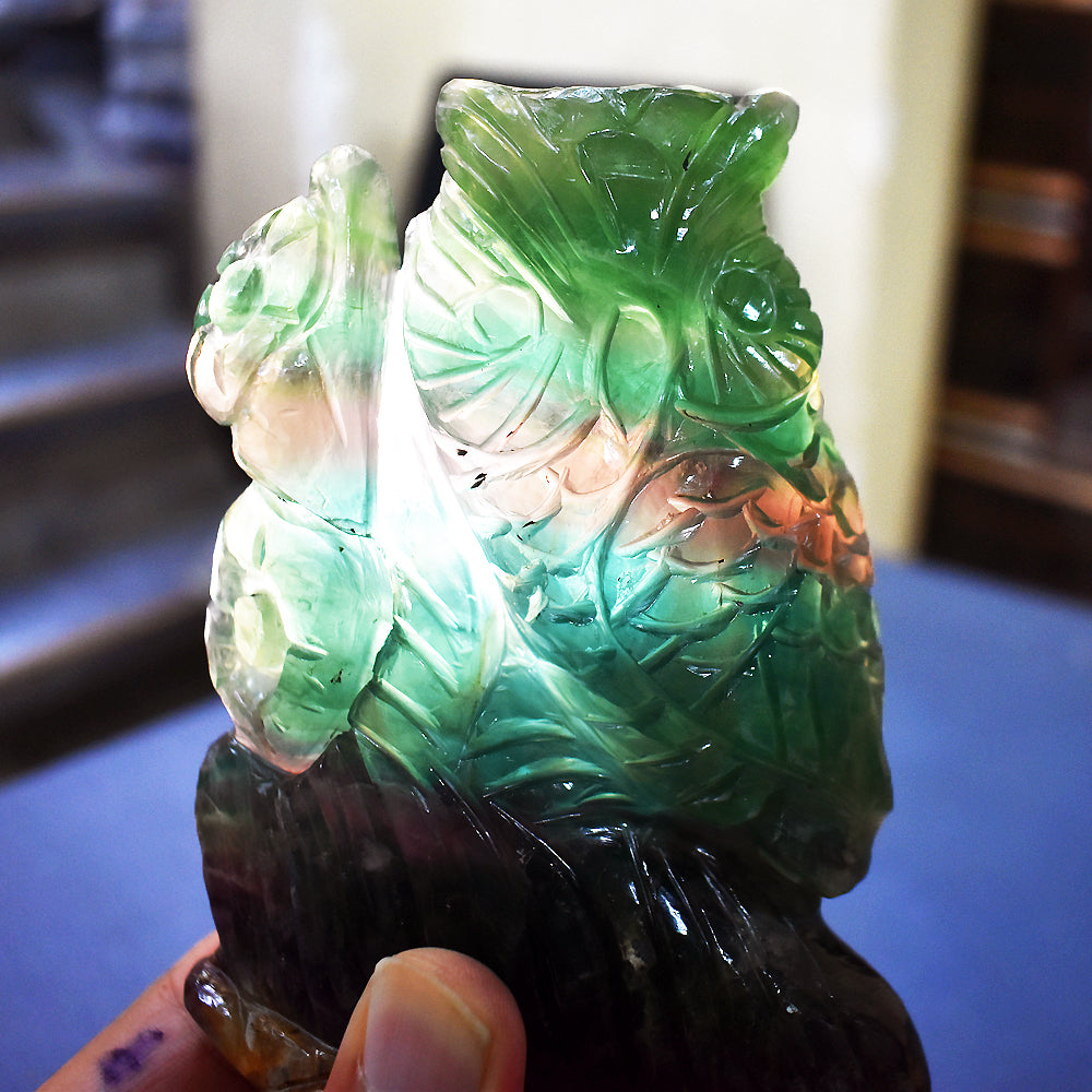 Beautiful 4654.00 Cts Genuine Multicolor Fluorite Hand Carved Owl Crystal Gemstone Carving