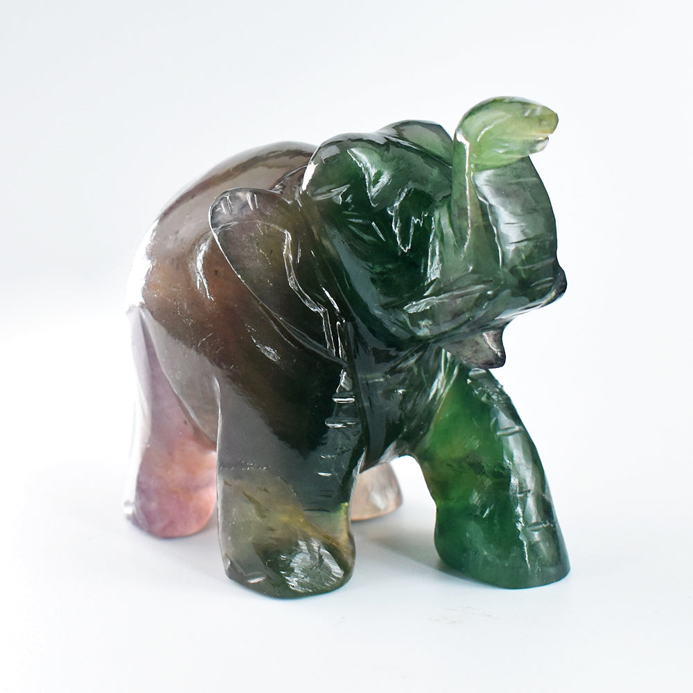 Genuine 1744.00 Cts Multicolor  Fluorite Hand Carved Crystal Gemstone Carving Elephant