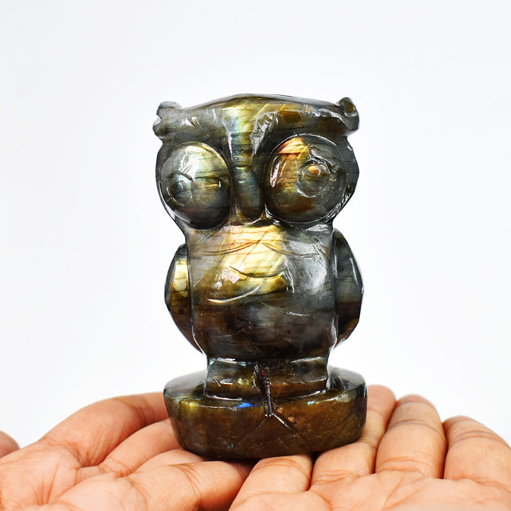 Beautiful 1270.00 Cts  Amazing Flash Labradorite Hand Carved Genuine Crystal Gemstone Owl Carving