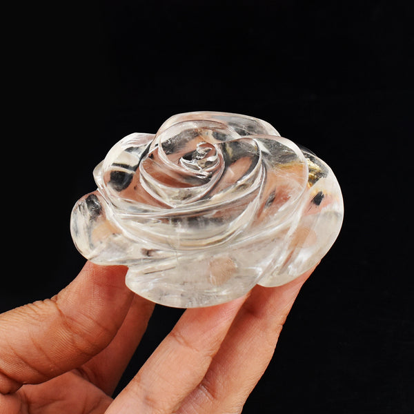 Genuine 700.00 Carats White Quartz  Hand Carved Crystal Rose Flower  Carving  Gemstone