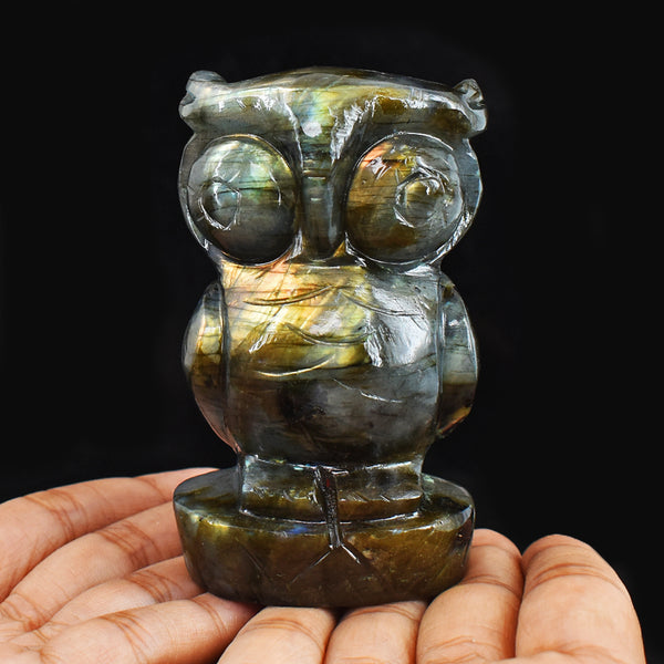 Beautiful 1270.00 Cts  Amazing Flash Labradorite Hand Carved Genuine Crystal Gemstone Owl Carving