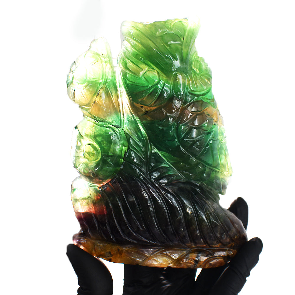 Beautiful 4654.00 Cts Genuine Multicolor Fluorite Hand Carved Owl Crystal Gemstone Carving