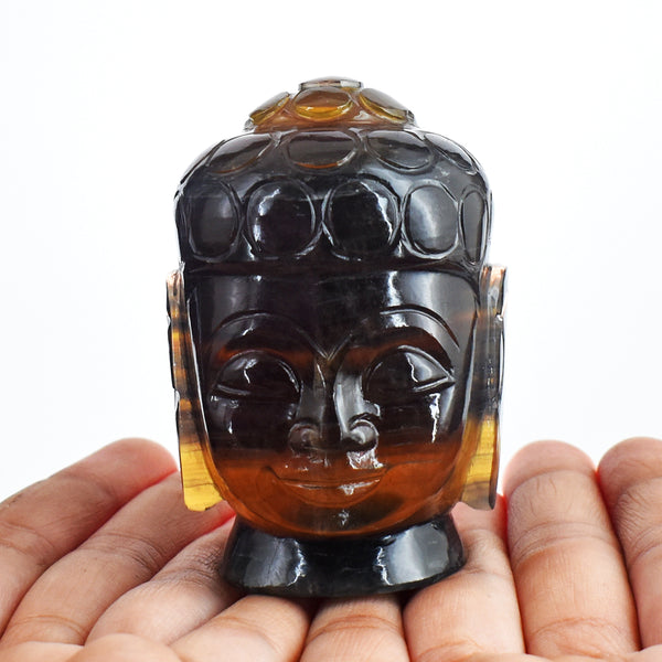 Genuine 1536.00 Carats Multicolor Fluorite Hand Carved Crystal Buddha Head Gemstone Carving