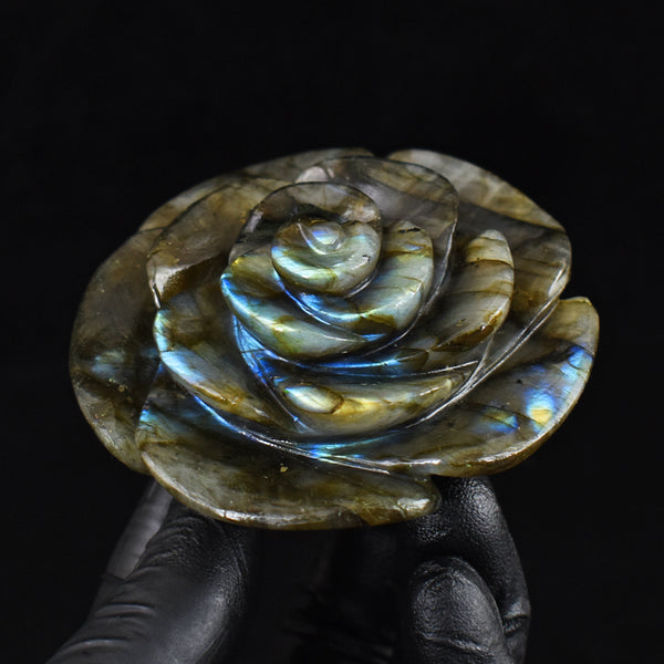 Artisian 634.00 Cts Genuine Golden & Blue Flash Labradorite Carved Crystal Rose Gemstone Carving