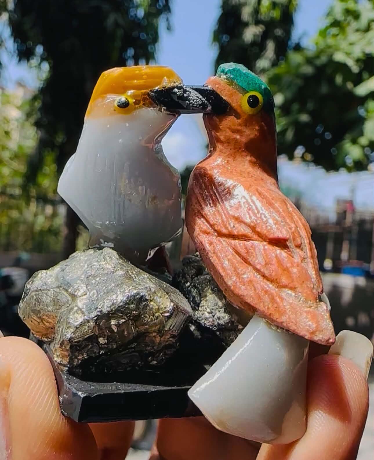 Pleasing 252.00 Cts Genuine Mini Angelite & Peach Moonstone Carved Love Bird  2026  Collection