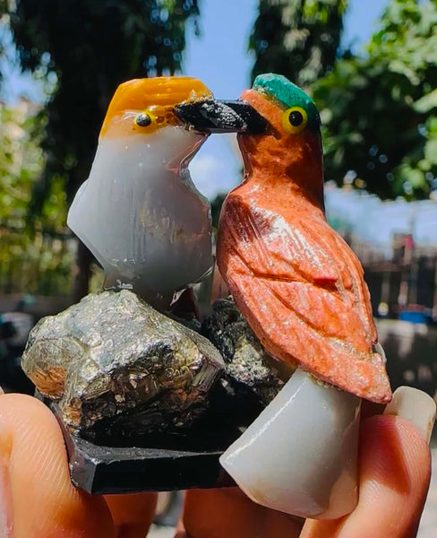 Pleasing 252.00 Cts Genuine Mini Angelite & Peach Moonstone Carved Love Bird  2026  Collection