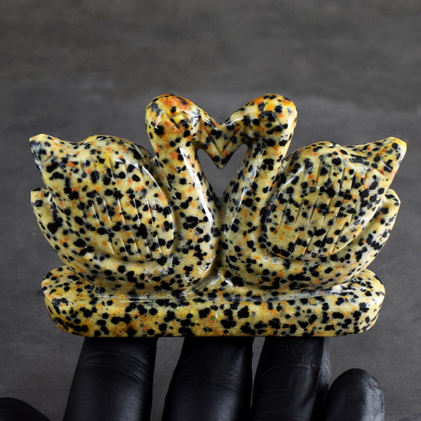 Exclusive 832.00 Cts Genuine Dalmation Jasper Hand Carved Premium Love Swan Pair