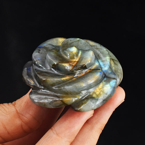 378.00 Carats Genuine Golden & Blue Flash Labradorite Hand Carved Gemstone Crystal Rose Flower Carving