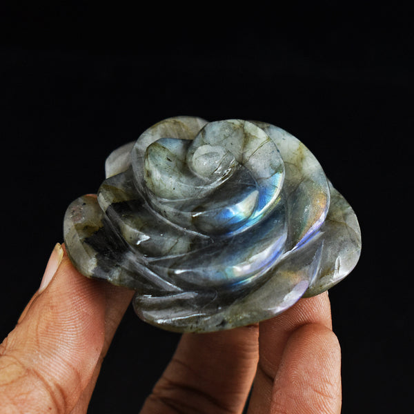 Artisian 341.00 Cts Blue Flash  Labradorite Hand Carved Crystal Rose Flower Gemstone Carving