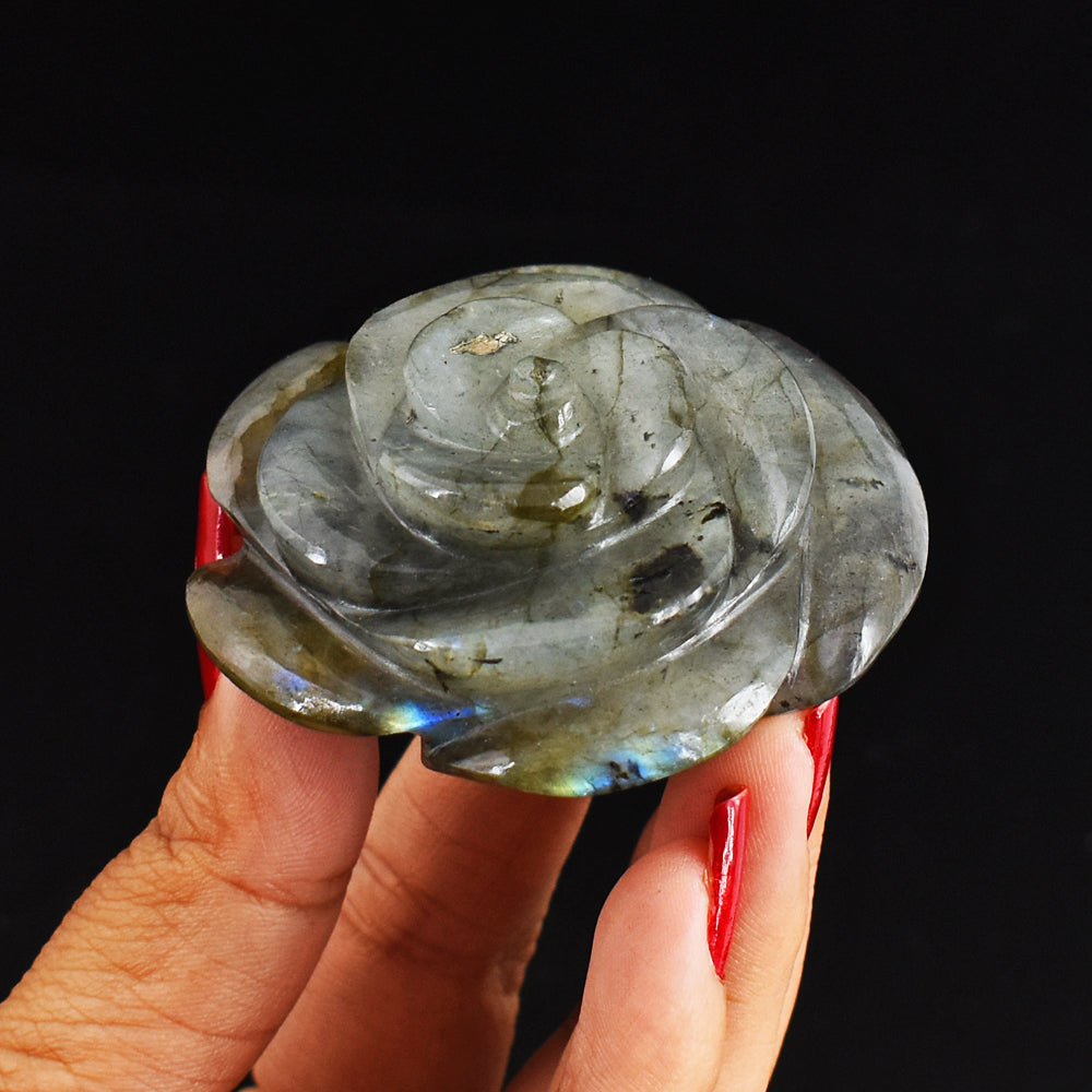 Golden & Blue  Flash Labradorite 366.00 Carats  Genuine  Hand Carved  Gemstone  Rose Flower Carving