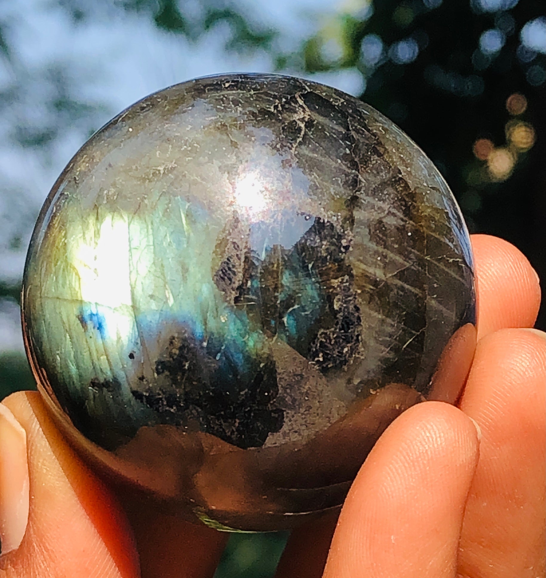 Alluring 580.00 Cts Genuine Golden & Blue Flash Labradorite Healing Ball Sphere Crystal Premium