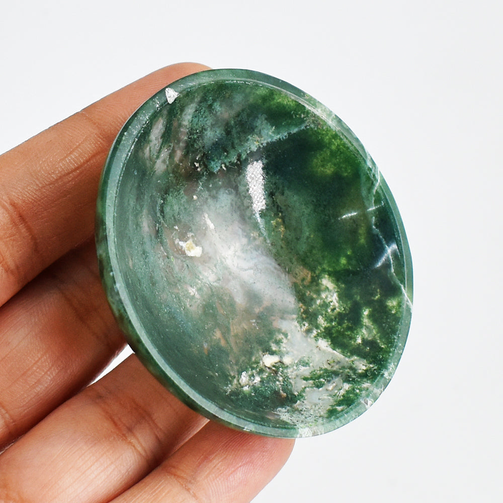 Natural 129.00 Cts Genuine Green Moss Agate Hand Carved Crystal Gemstone Carving Bowl