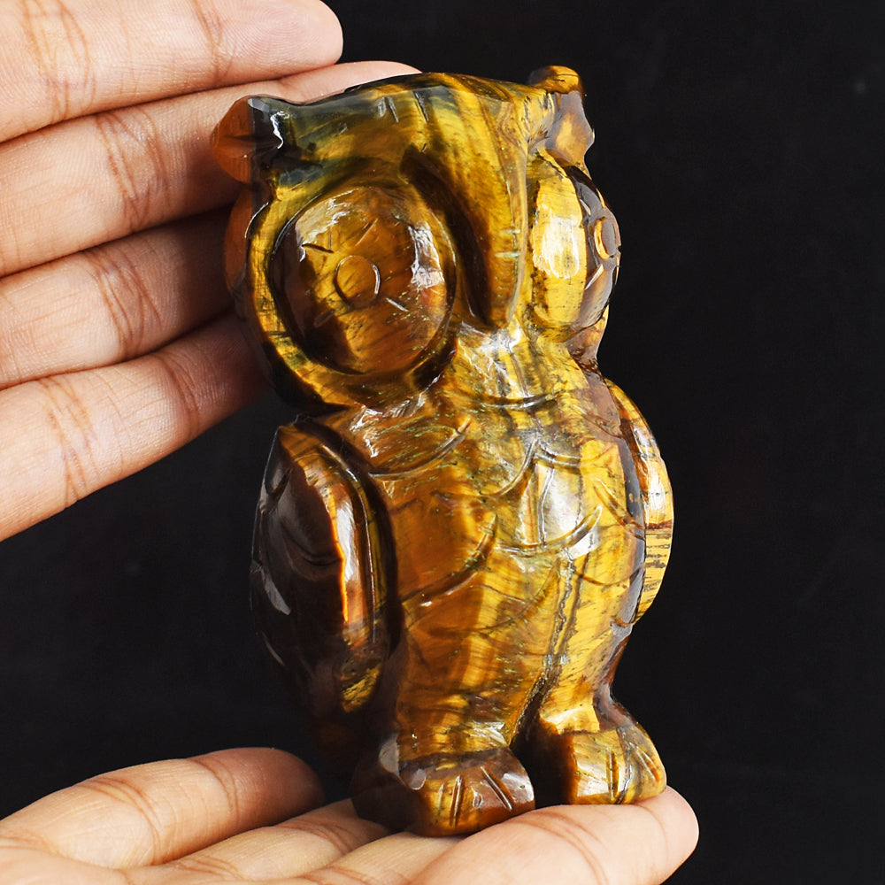 Exclusive 1599.00 Cts  Golden Tiger Eye Hand Carved Genuine Crystal Gemstone Owl Carving