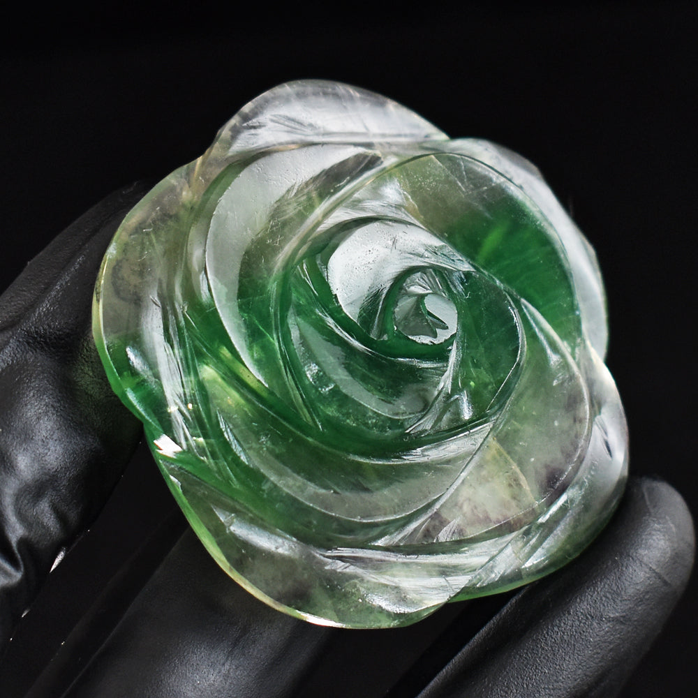 Natural 243.00 Cts Genuine Green Fluorite Hand Carved Gemstone Rose Carving