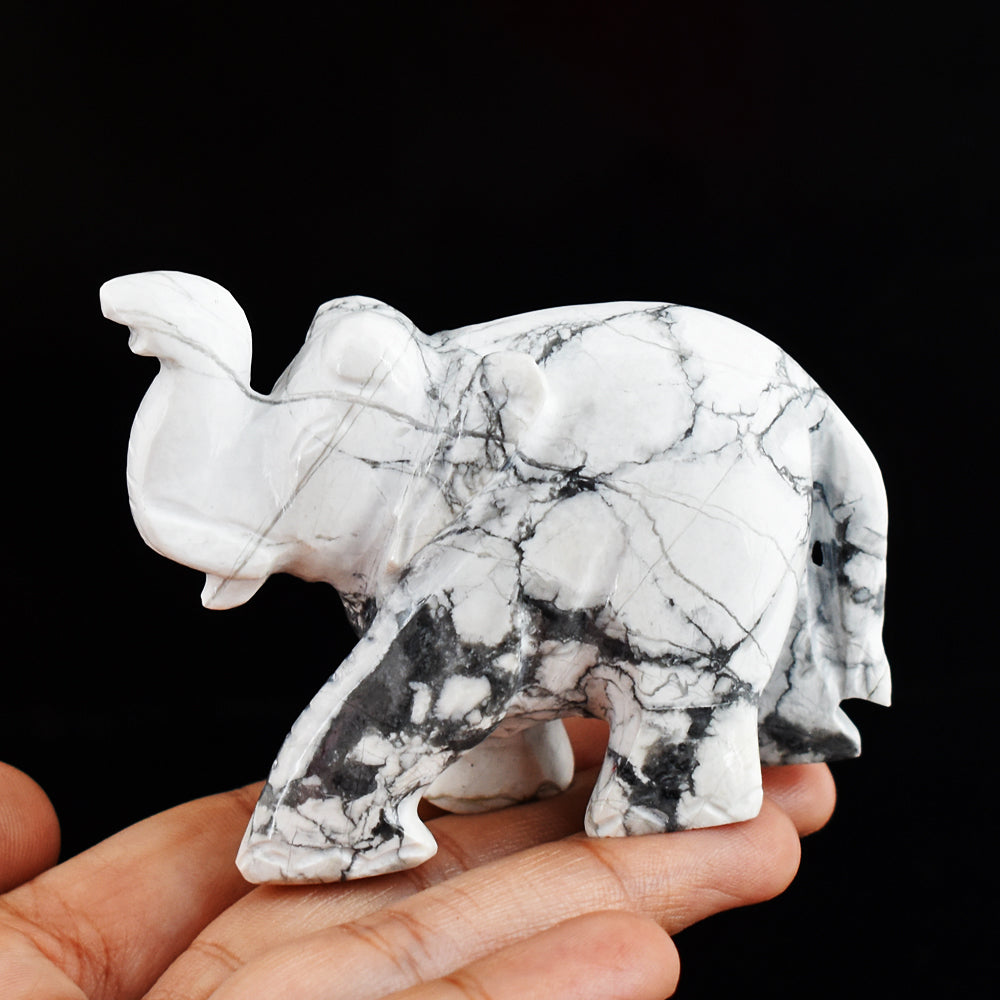 Beautiful 690.00 Cts Genuine Howlite  Hand Carved Crystal Gemstone Carving Elephant