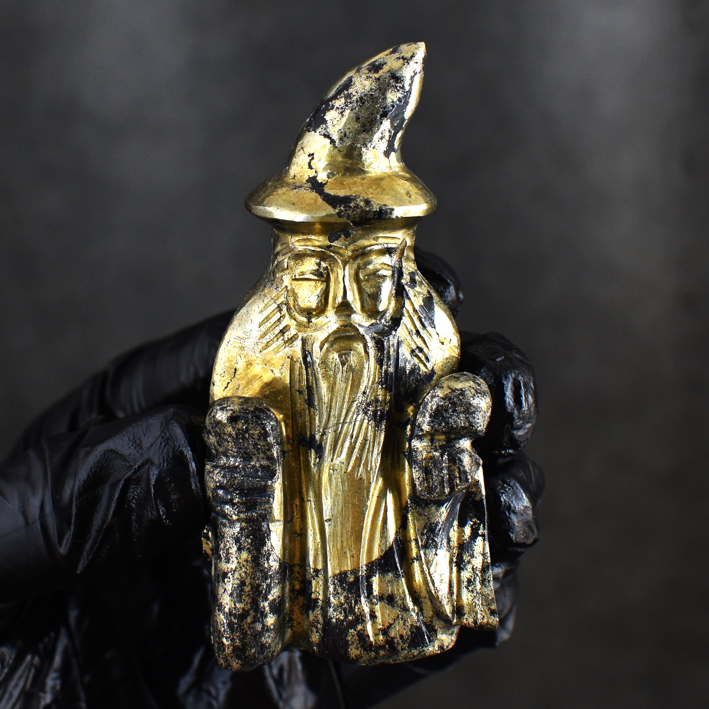 Exclusive 581.00 Carats Genuine Pyrite Hand Carved Crystal Gemstone Wizard Carving