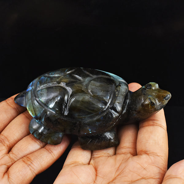 1026.00 Carats  Genuine  Amazing Flash Labradorite Hand Carved Crystal  Gemstone Turtle Carving