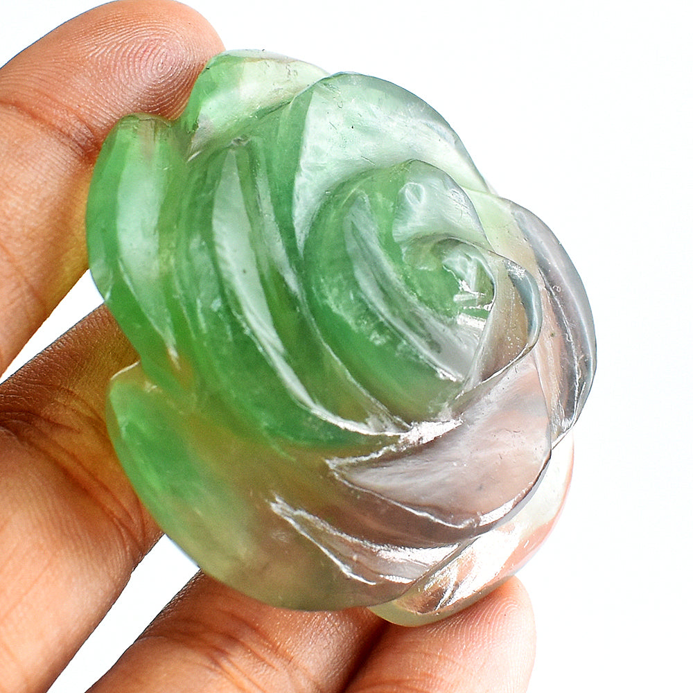 Beautiful 275.00 Cts Genuine Multicolor Fluorite Hand Carved Crystal Rose Gemstone Carving