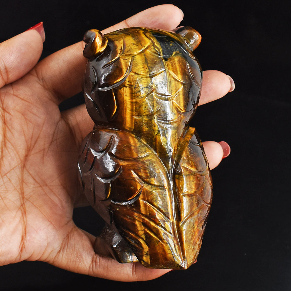 Exclusive 1599.00 Cts  Golden Tiger Eye Hand Carved Genuine Crystal Gemstone Owl Carving