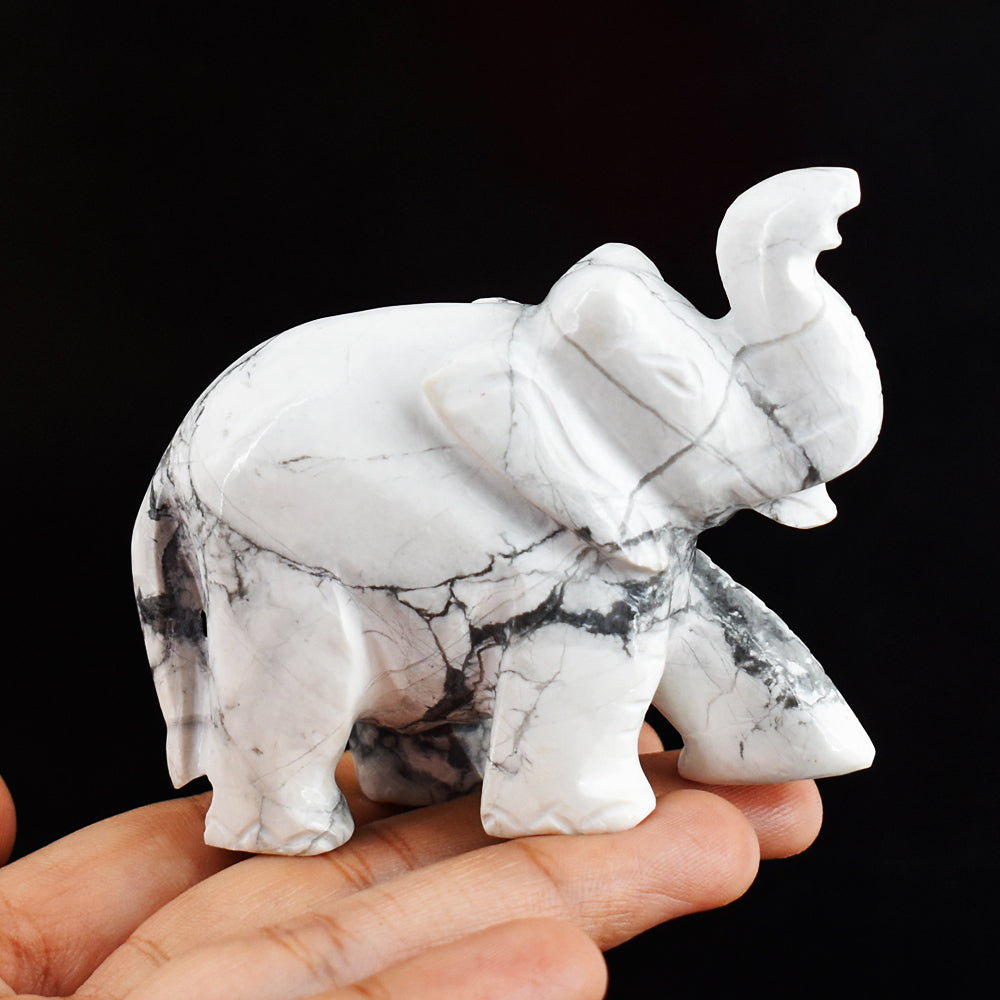 Beautiful 690.00 Cts Genuine Howlite  Hand Carved Crystal Gemstone Carving Elephant