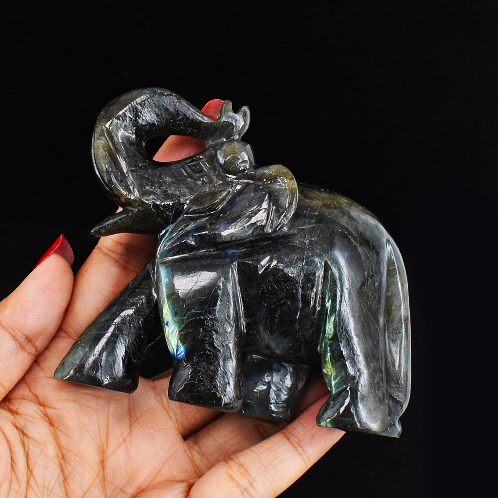 Natural Green & Blue Flash  Labradorite  Hand Carved Genuine Crystal Gemstone Carving Elephant