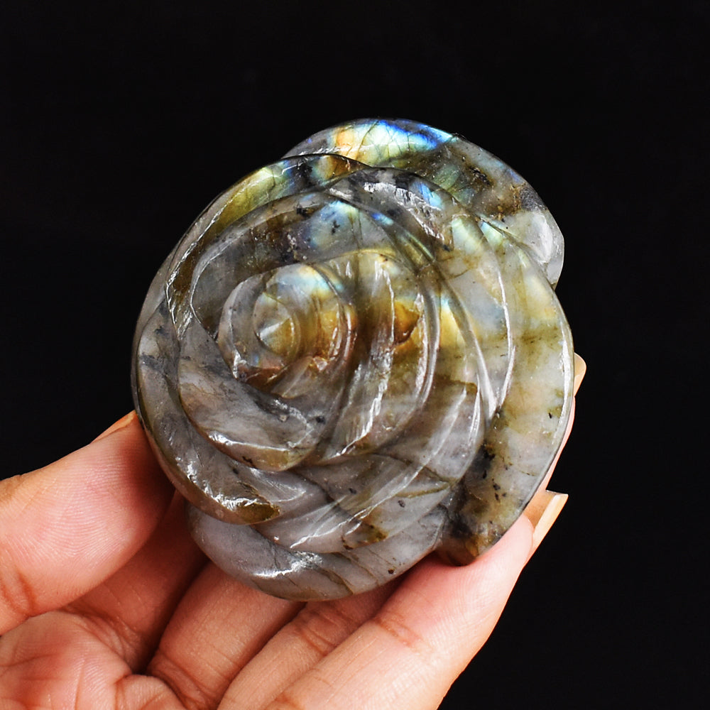 551.00 Carats Genuine Golden & Blue Flash Labradorite Hand Carved Gemstone Crystal Rose Flower Carving