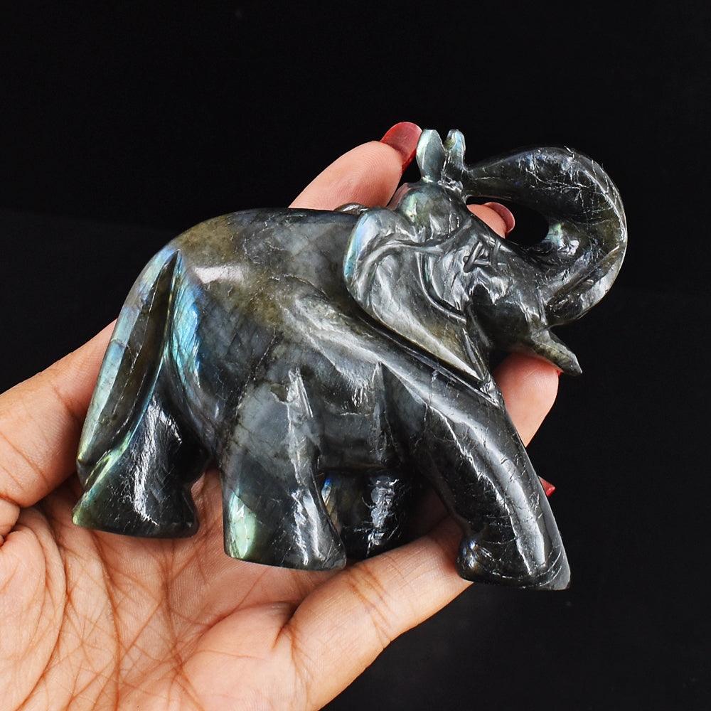 Natural Green & Blue Flash  Labradorite  Hand Carved Genuine Crystal Gemstone Carving Elephant