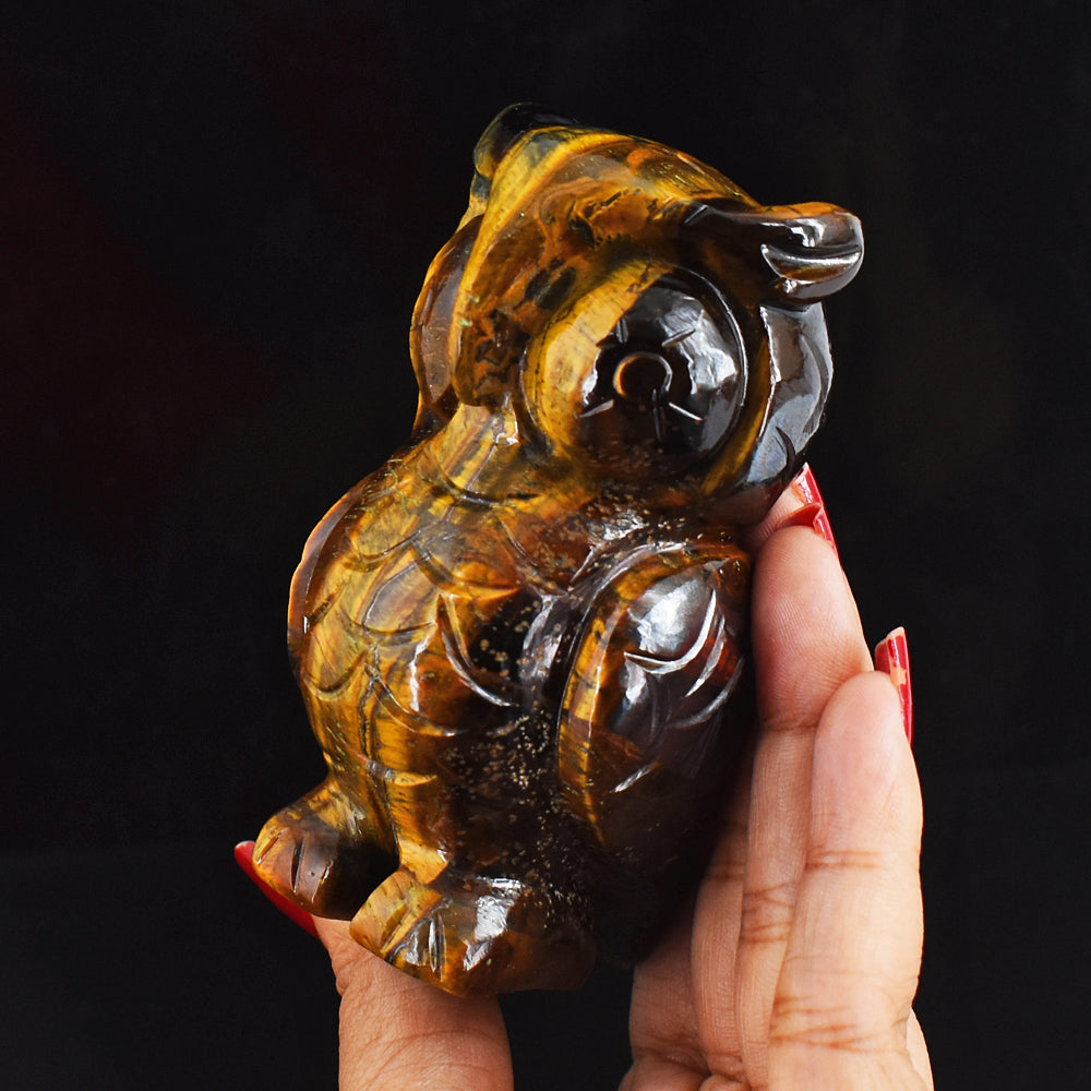 Exclusive 1599.00 Cts  Golden Tiger Eye Hand Carved Genuine Crystal Gemstone Owl Carving