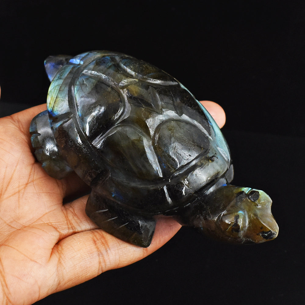 1026.00 Carats  Genuine  Amazing Flash Labradorite Hand Carved Crystal  Gemstone Turtle Carving
