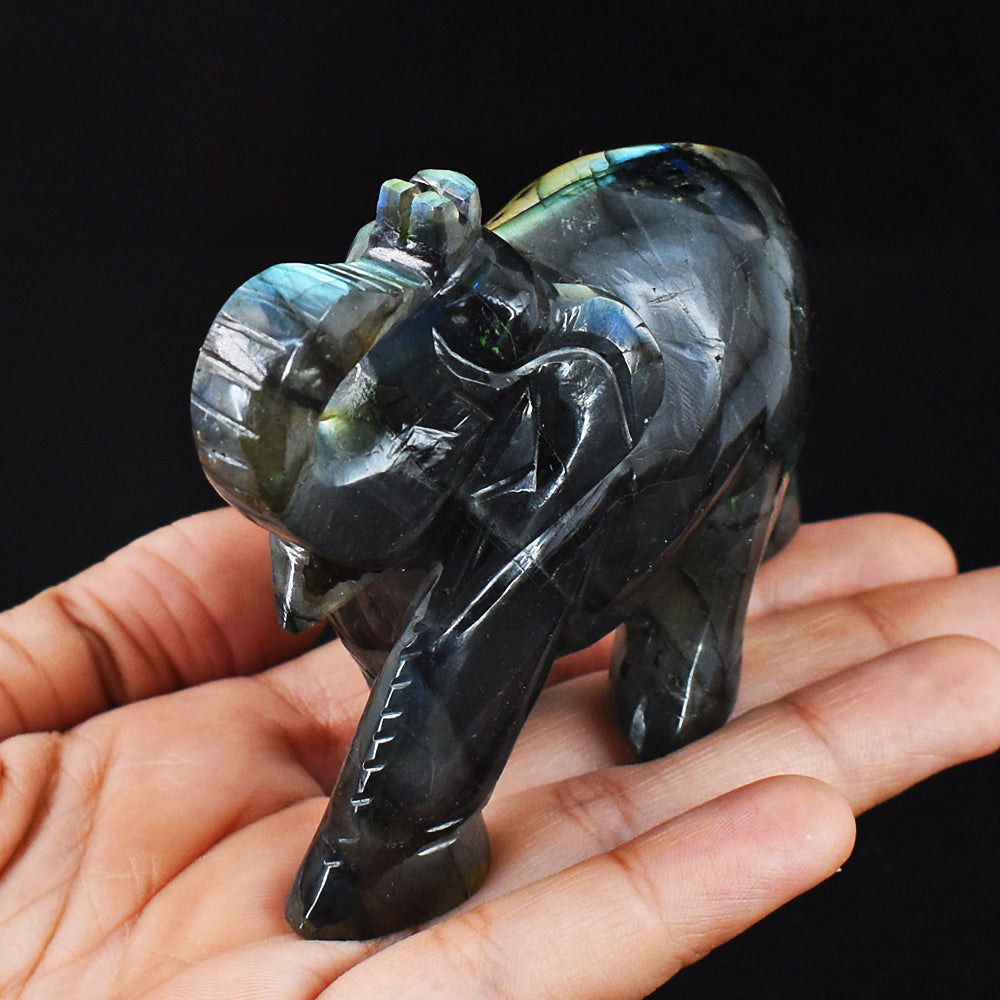 987.00 Cts Genuine  Blue & Golden Flash Labradorite  Hand Carved Crystal Gemstone Carving Elephant