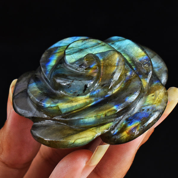 Artisian  280.00  Carats  Genuine  Amazing  Flash  Labradorite  Hand  Carved  Rose Gemstone  Carving