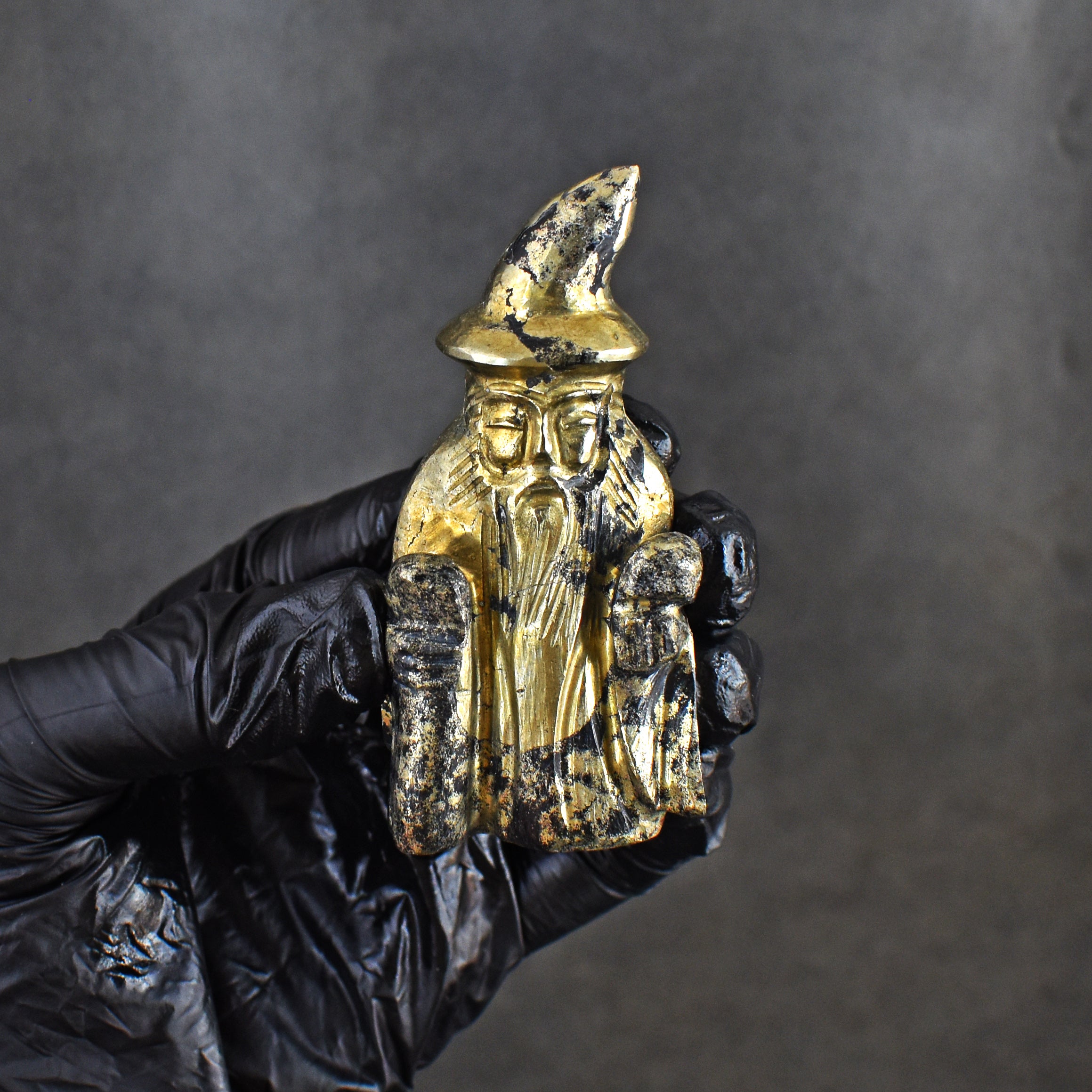 Exclusive 581.00 Carats Genuine Pyrite Hand Carved Crystal Gemstone Wizard Carving