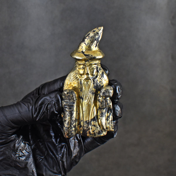 Exclusive 581.00 Carats Genuine Pyrite Hand Carved Crystal Gemstone Wizard Carving