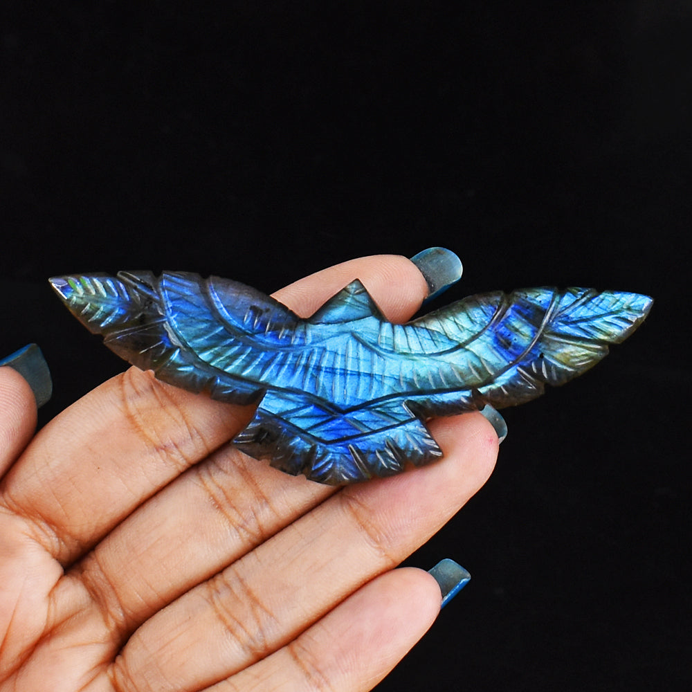 Gorgeous 91.00 Carats  Blue  Flash Labradorite   Hand Carved Genuine Crystal Eagle  Carving