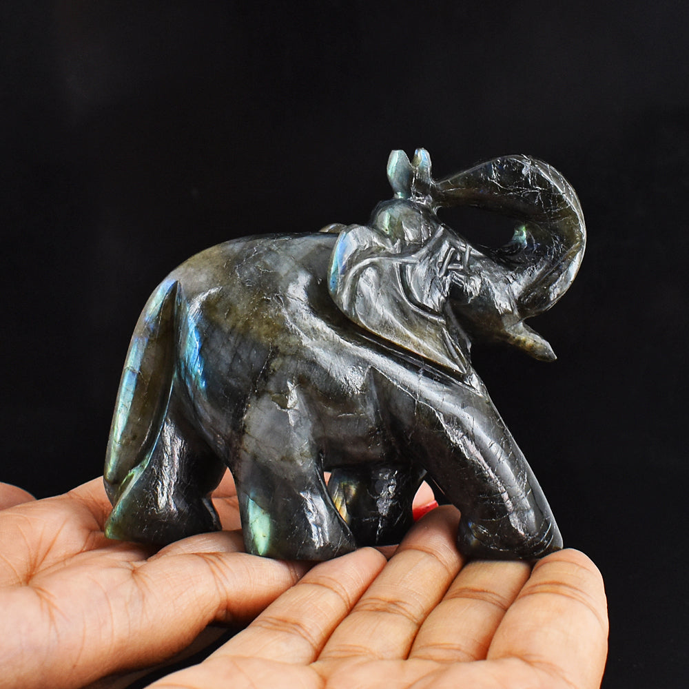 Natural Green & Blue Flash  Labradorite  Hand Carved Genuine Crystal Gemstone Carving Elephant