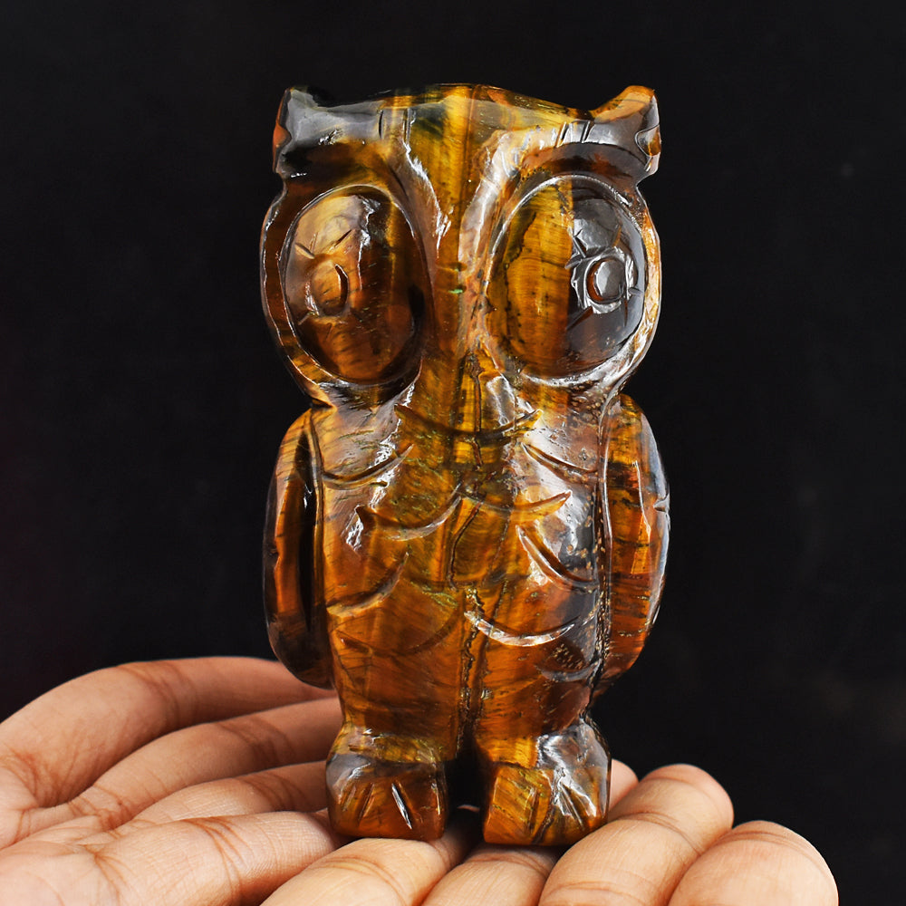 Exclusive 1599.00 Cts  Golden Tiger Eye Hand Carved Genuine Crystal Gemstone Owl Carving