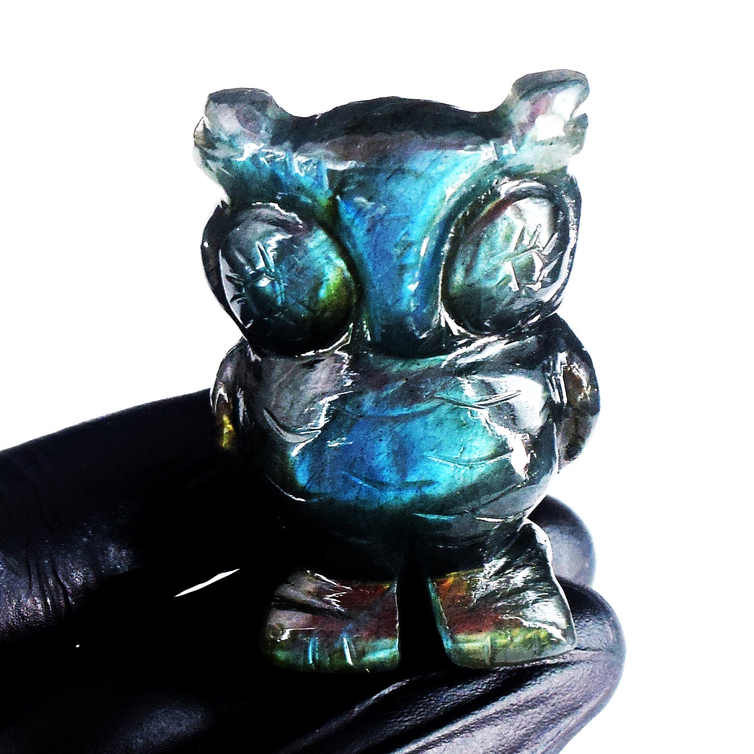 Genuine 345.00 Cts Blue Flash Labradorite Hand Carved Premium Crystal Owl