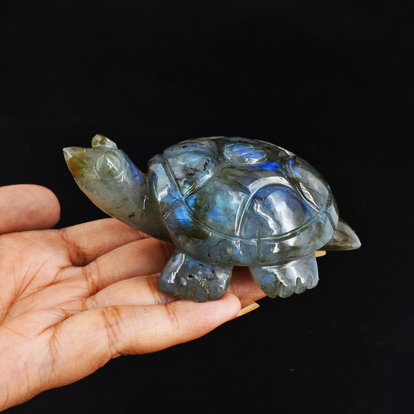 Amazing  726.00 Carats Genuine Blue Flash Labradorite Hand Carved  Crystal  Turtle Carving