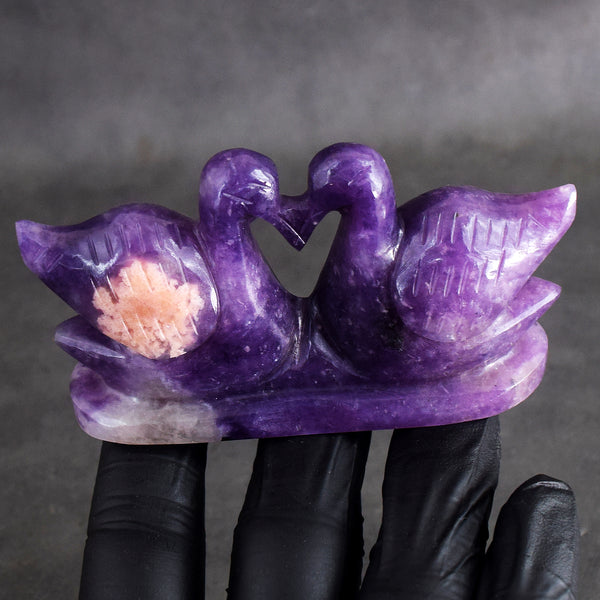 Paramount 571.00 Cts Genuine Lepidolite Hand Carved Gemstone Premium Love Swan Pair