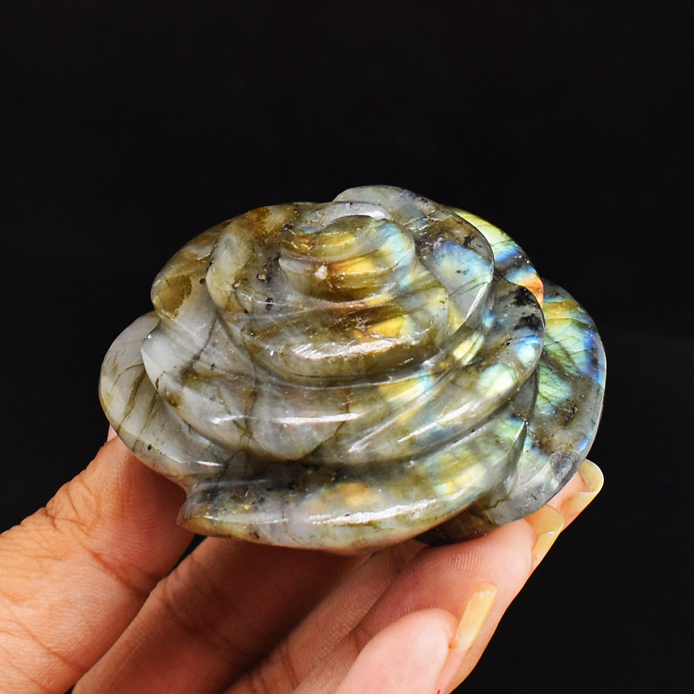 551.00 Carats Genuine Golden & Blue Flash Labradorite Hand Carved Gemstone Crystal Rose Flower Carving