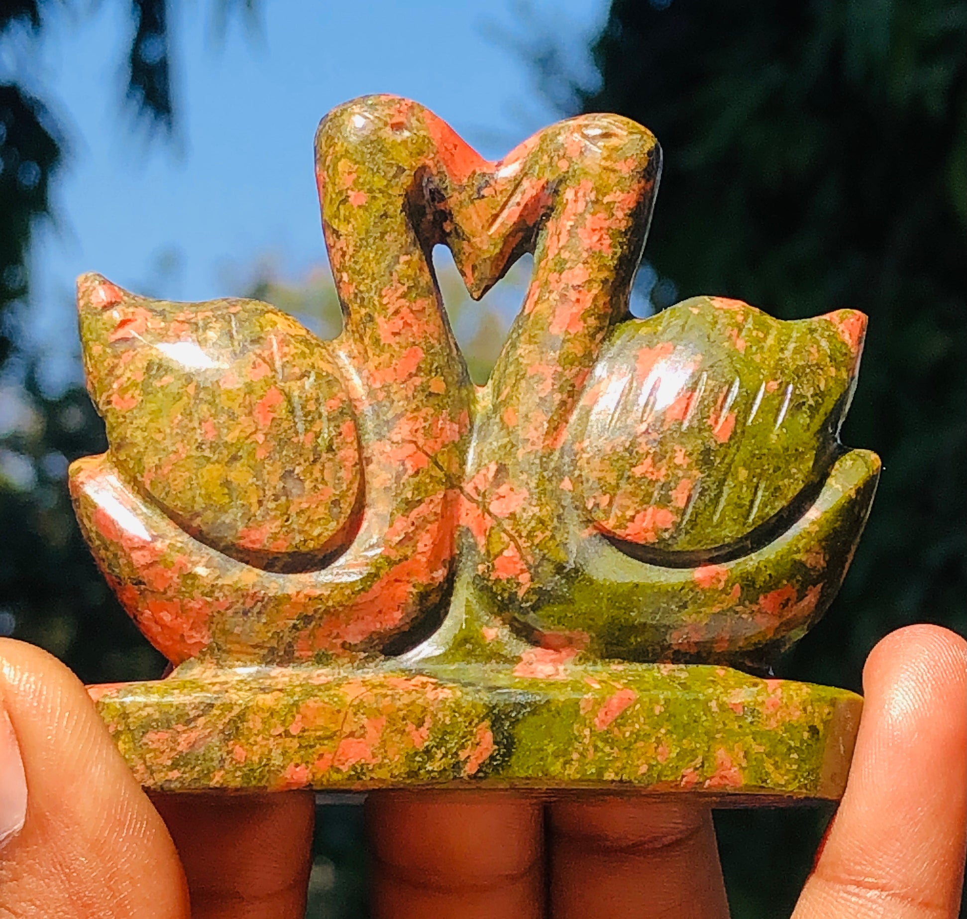 Stunning 562.00 Cts Genuine Blood Green Unakite Love Carved Premium Swan Pair