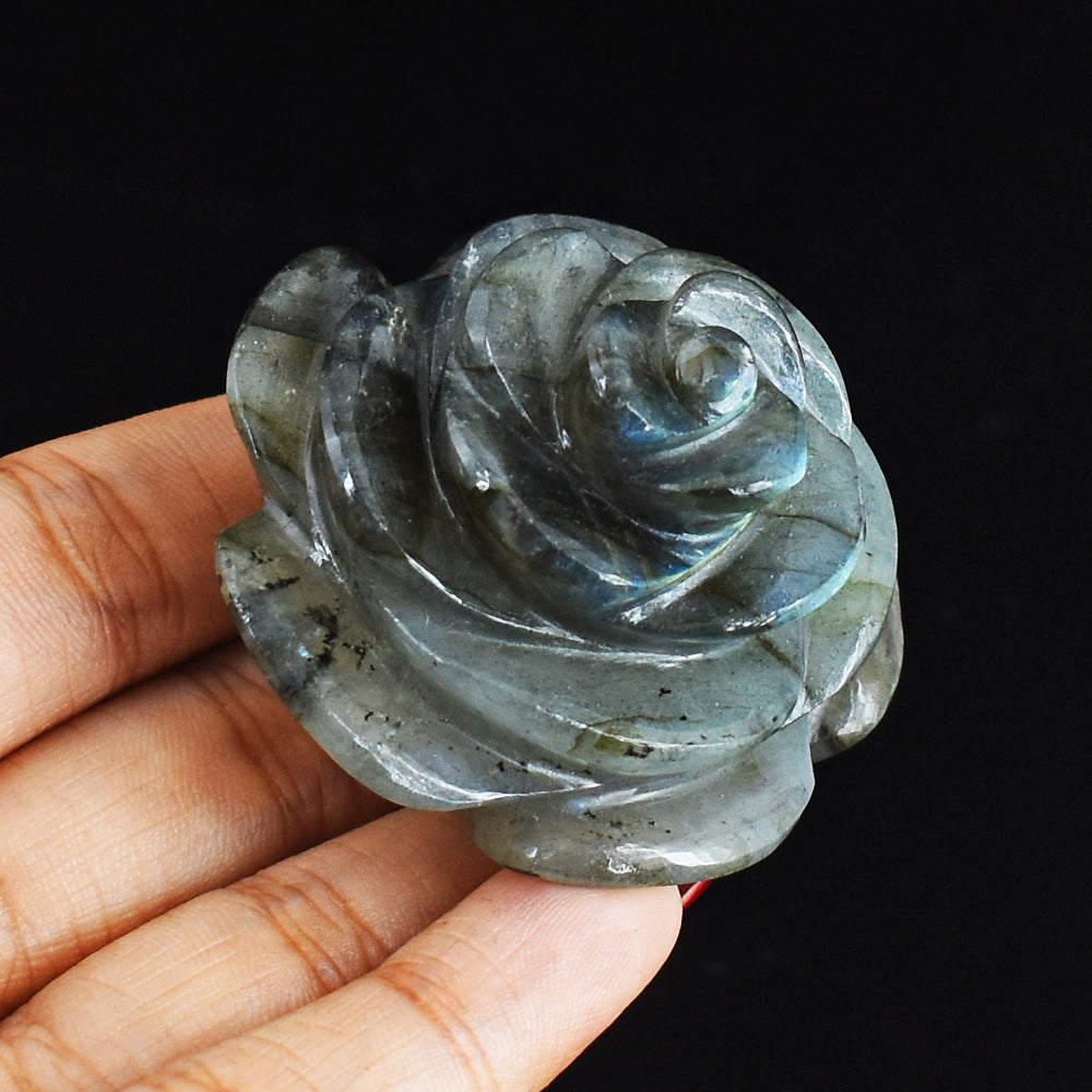 Fancy 327.00 Cts  Genuine Blue Flash Labradorite Hand  Carved  Rose Flower  Gemstone  Carving